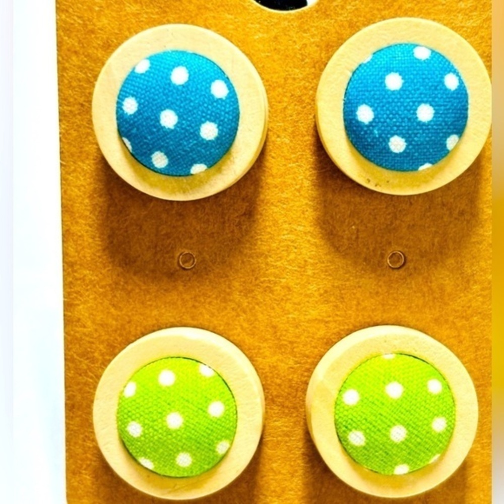 Polka Dot Fabric Button Wood Earrings, NWT, Unworn, Handmade, Retro